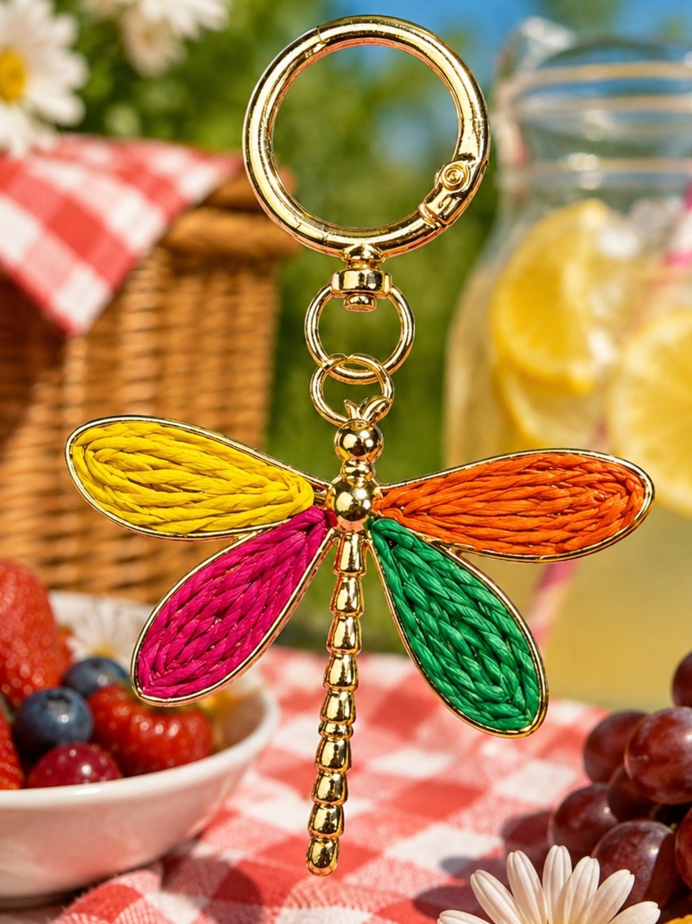 Colorful Dragonfly Keychain – Gold Tone Straw Woven Wings